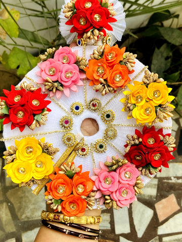 Handmade Multi-Flower Laddu Gopal Dress with Pagdi - Designer Kanha Ji Poshak for Janmashtami, Fancy Bal Gopal & Krishna Ji Dress