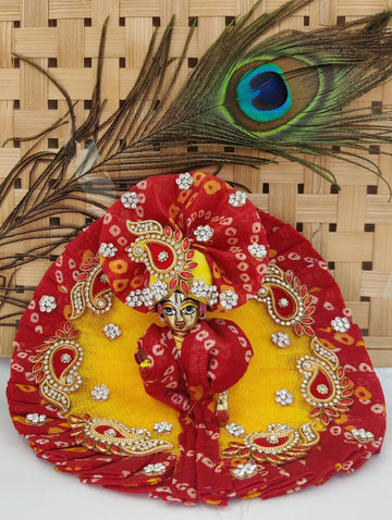 Handmade Red & Yellow Bandhej Heavy Laddu Gopal Dress with Pagdi & Patka | Designer Kanha Ji Poshak for Janmashtami | Fancy Bal Gopal Dress