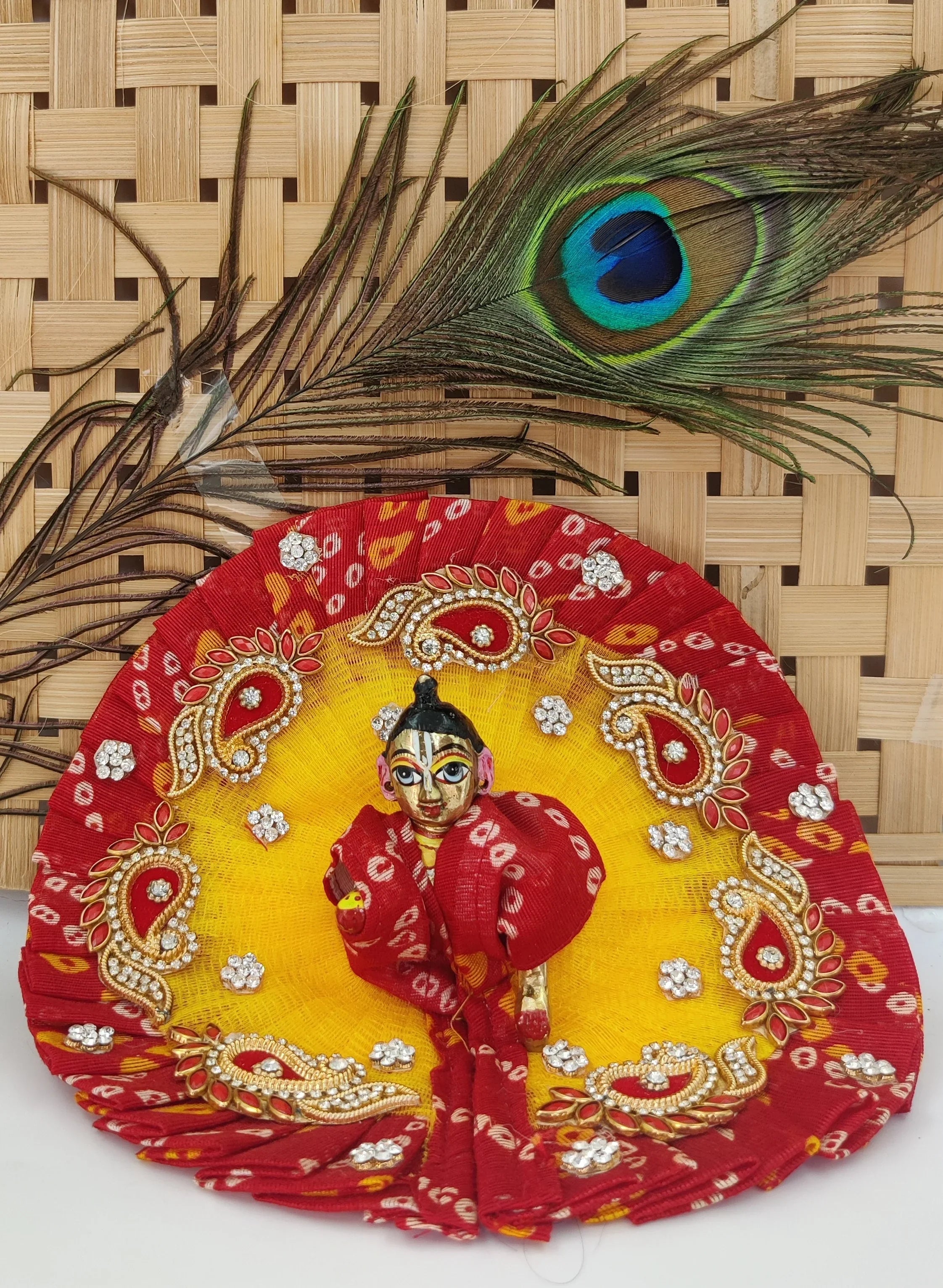 Handmade Red & Yellow Bandhej Heavy Laddu Gopal Dress with Pagdi & Patka | Designer Kanha Ji Poshak for Janmashtami | Fancy Bal Gopal Dress