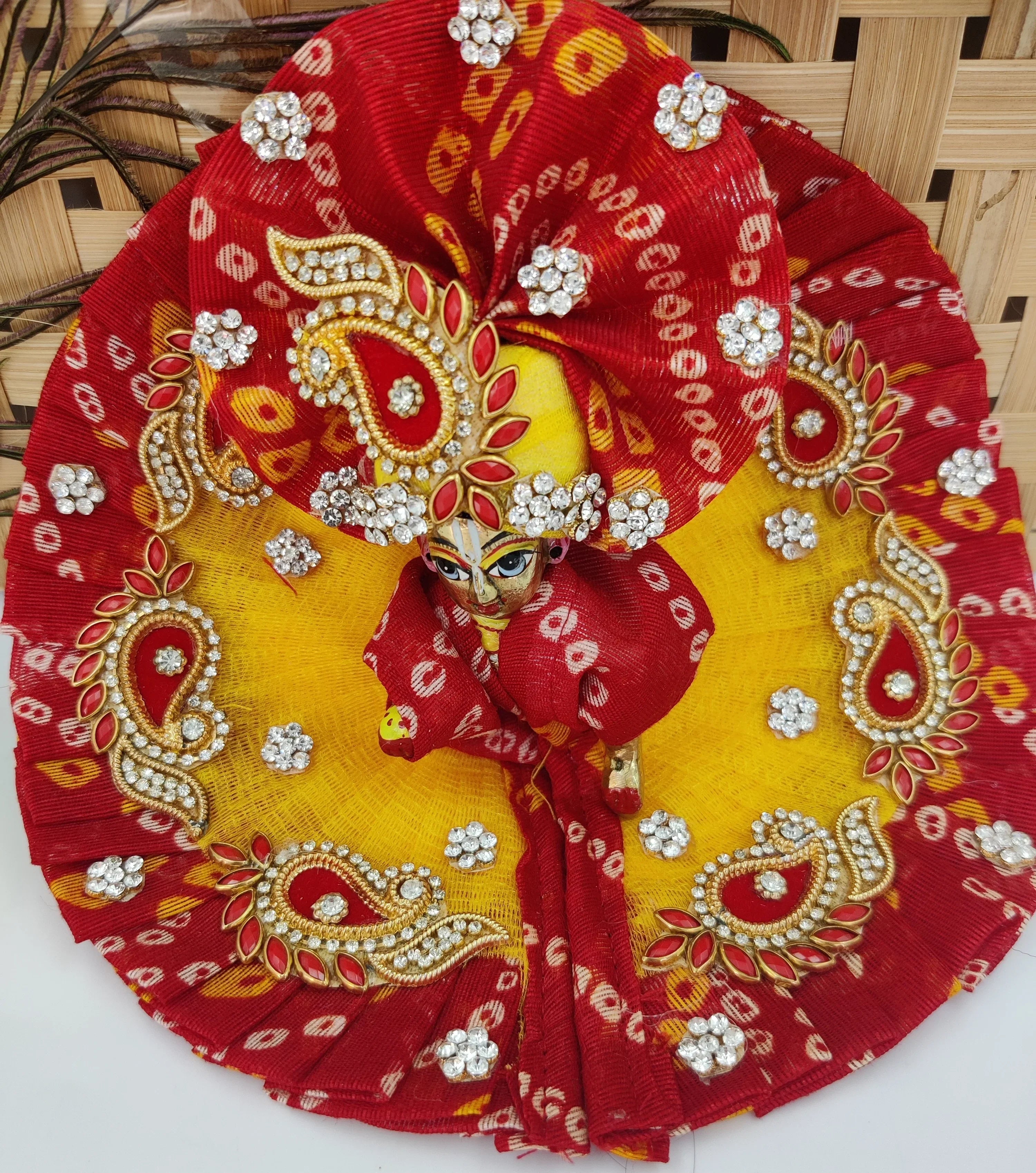Handmade Red & Yellow Bandhej Heavy Laddu Gopal Dress with Pagdi & Patka | Designer Kanha Ji Poshak for Janmashtami | Fancy Bal Gopal Dress