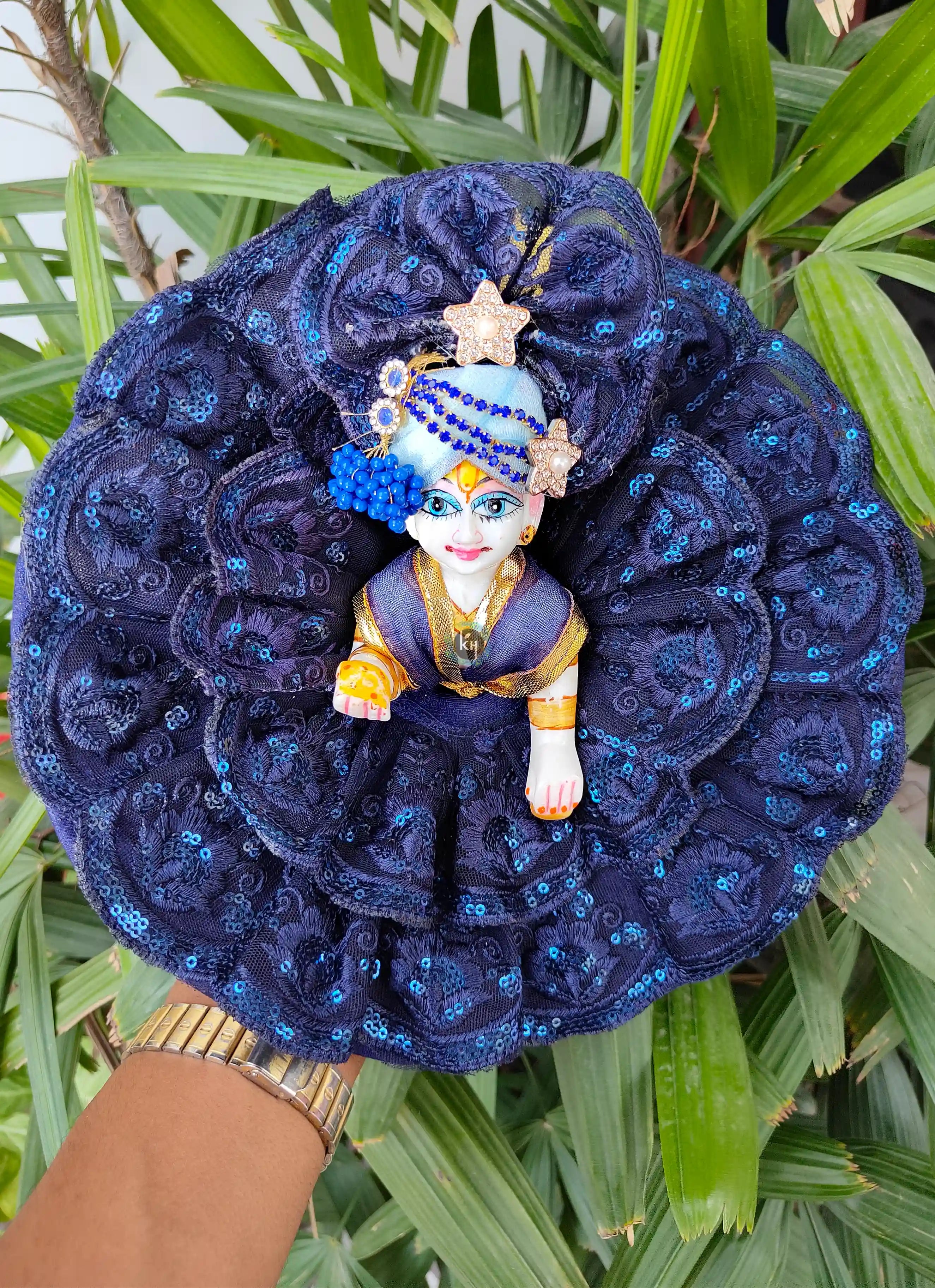 Handmade Navy Blue Full Lace Laddu Gopal Dress with Fancy Pagdi & Choli - Designer Kanha Ji Poshak for Janmashtami & Festivals