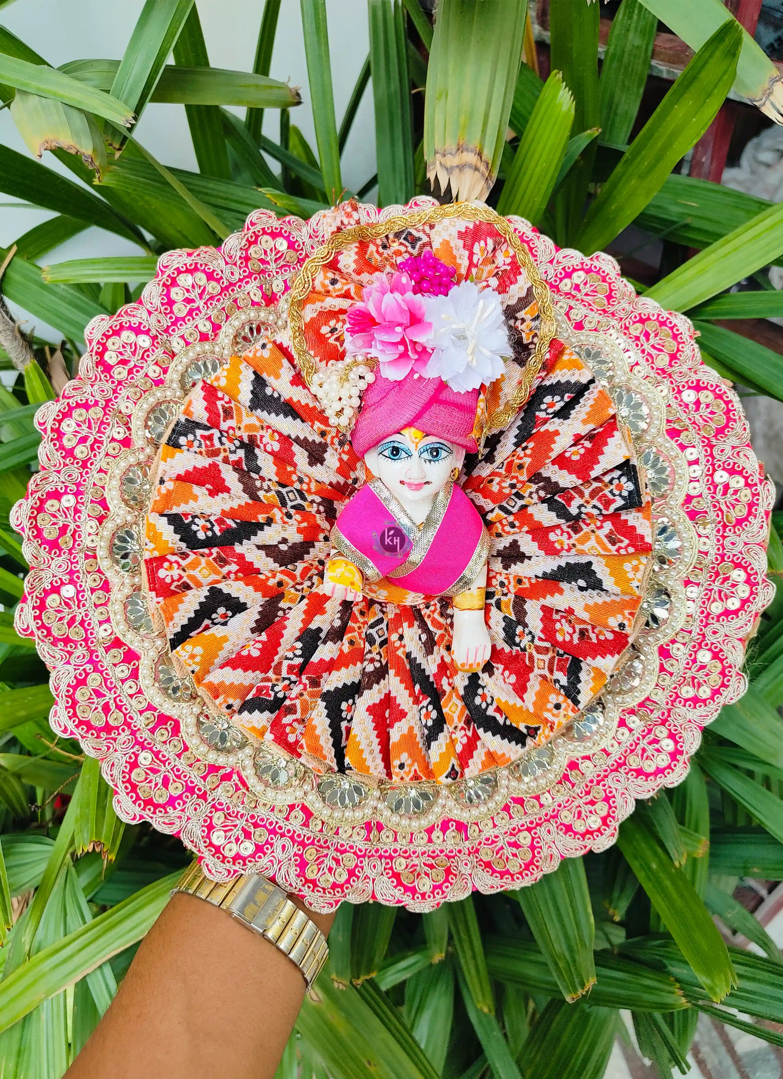 Handmade Bandhej Lace Designer Dress for Laddu Gopal with Pagdi & Choli | Fancy Kanha Ji Poshak for Janmashtami & Festivals | Bal Gopal & Krishna Ji Dress