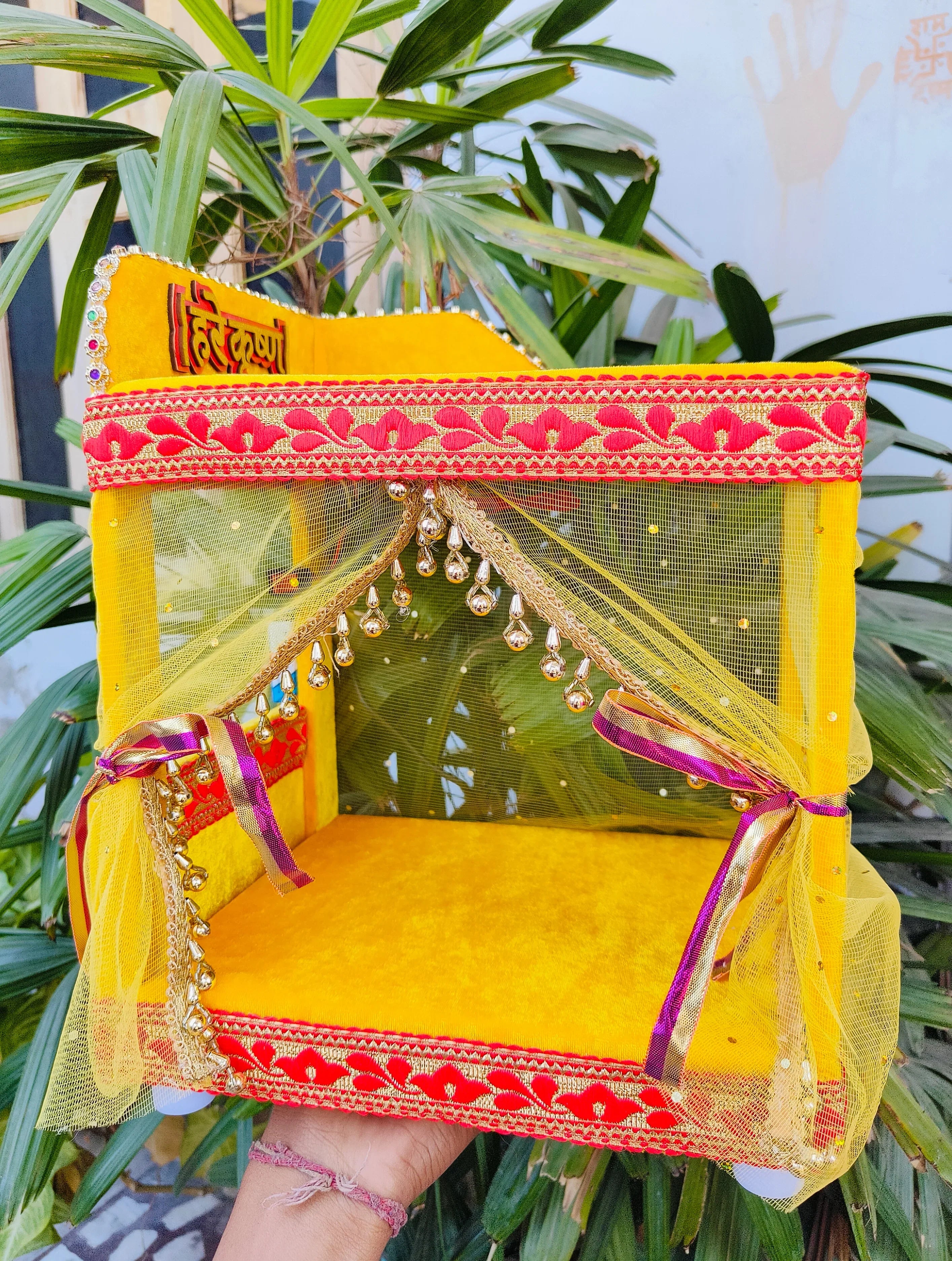 light and fan wooden singhasan cum bed for laddu gopal ji - 0 to 8 No.
