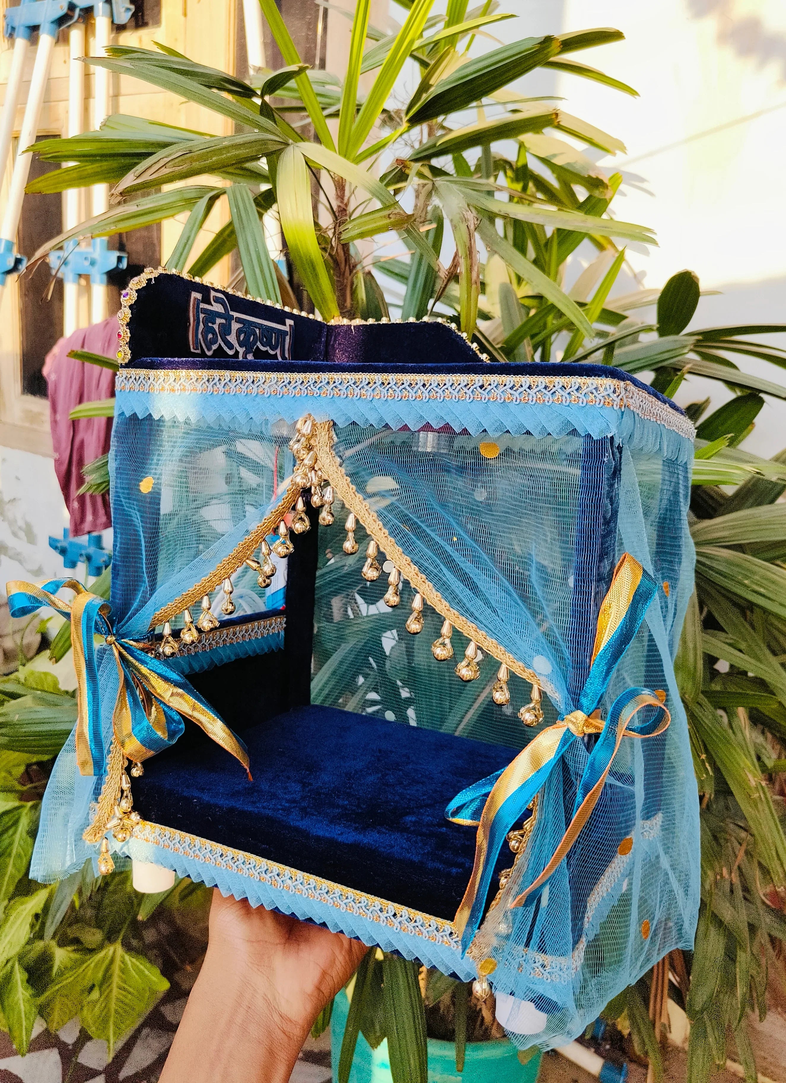 light and fan wooden singhasan cum bed for laddu gopal ji - 0 to 8 No.
