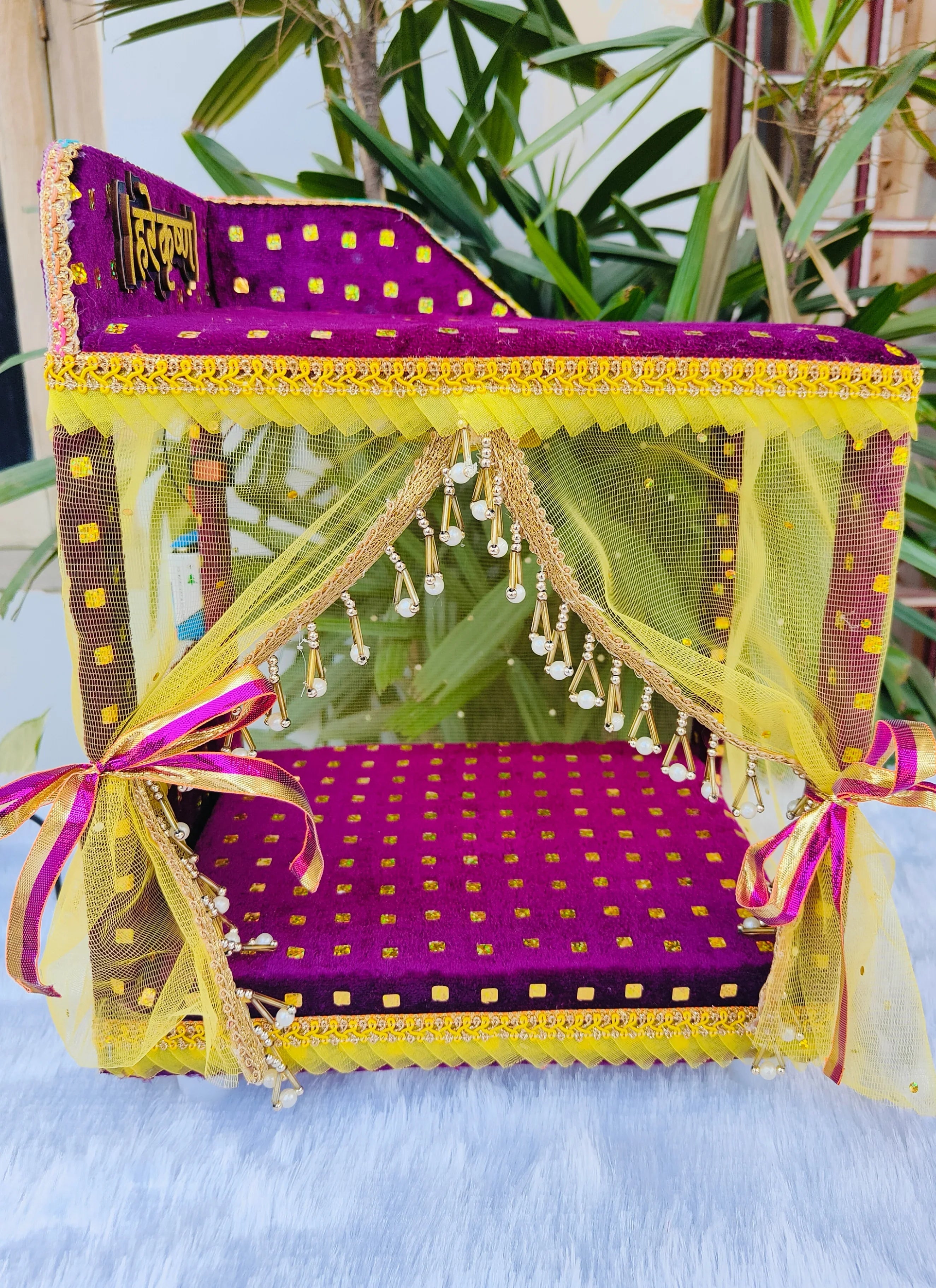 light and fan wooden bed cum singhasan for laddu gopal ji - 0 to 8 No. (random color)