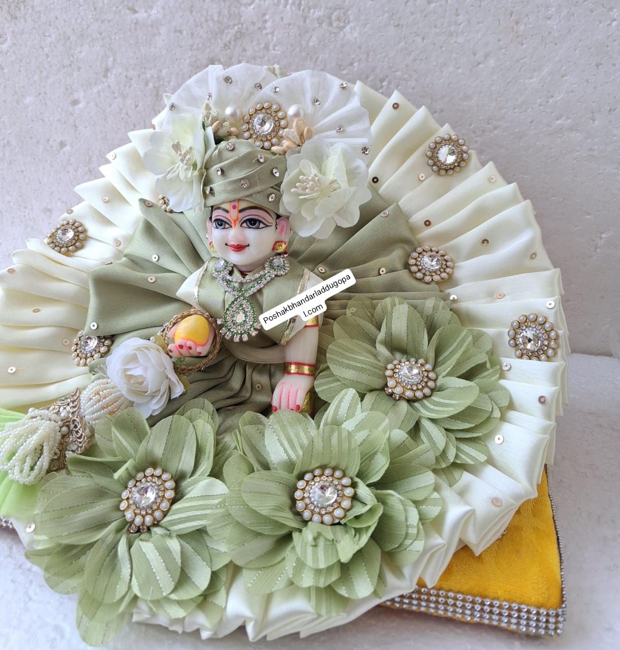 Handmade Pista Colour Heavy Dress with Pagdi & Patka - Designer Laddu Gopal Dress, Kanha Ji Poshak for Janmashtami, Bal Gopal & Krishna Ji Dress