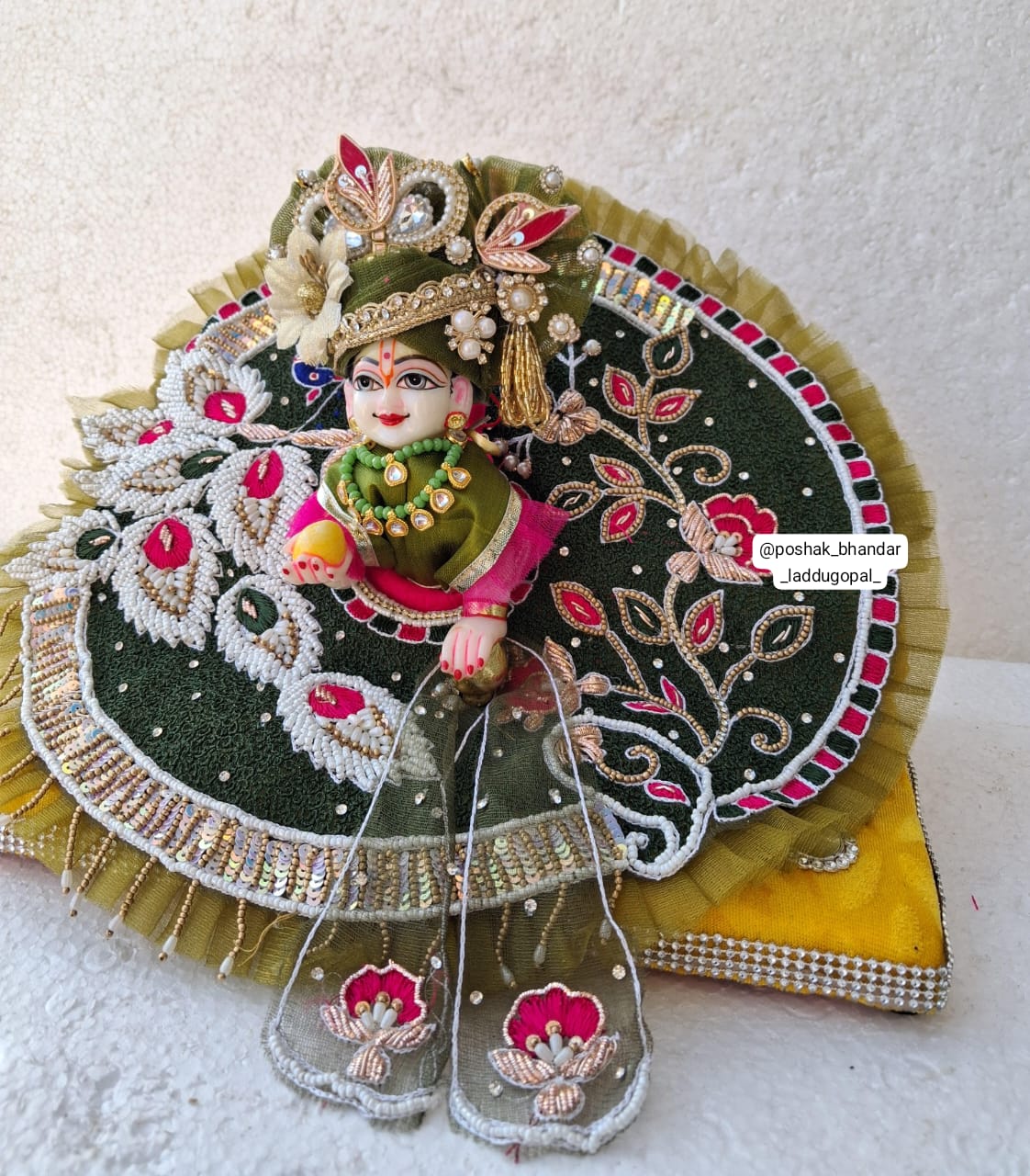 Handmade Mehndi Colour Heavy Handwork Dress with Pagdi & Patka - Designer Laddu Gopal Dress for Janmashtami, Kanha Ji Poshak, Bal Gopal Fancy Dress