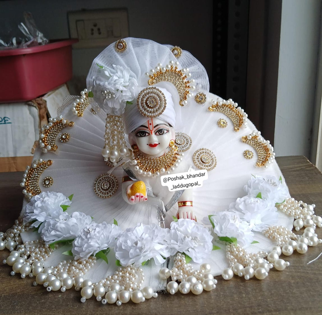 Handmade Heavy White Flower Laddu Gopal Dress - Designer Kanha Ji Poshak for Janmashtami, Fancy Bal Gopal & Krishna Ji Dress