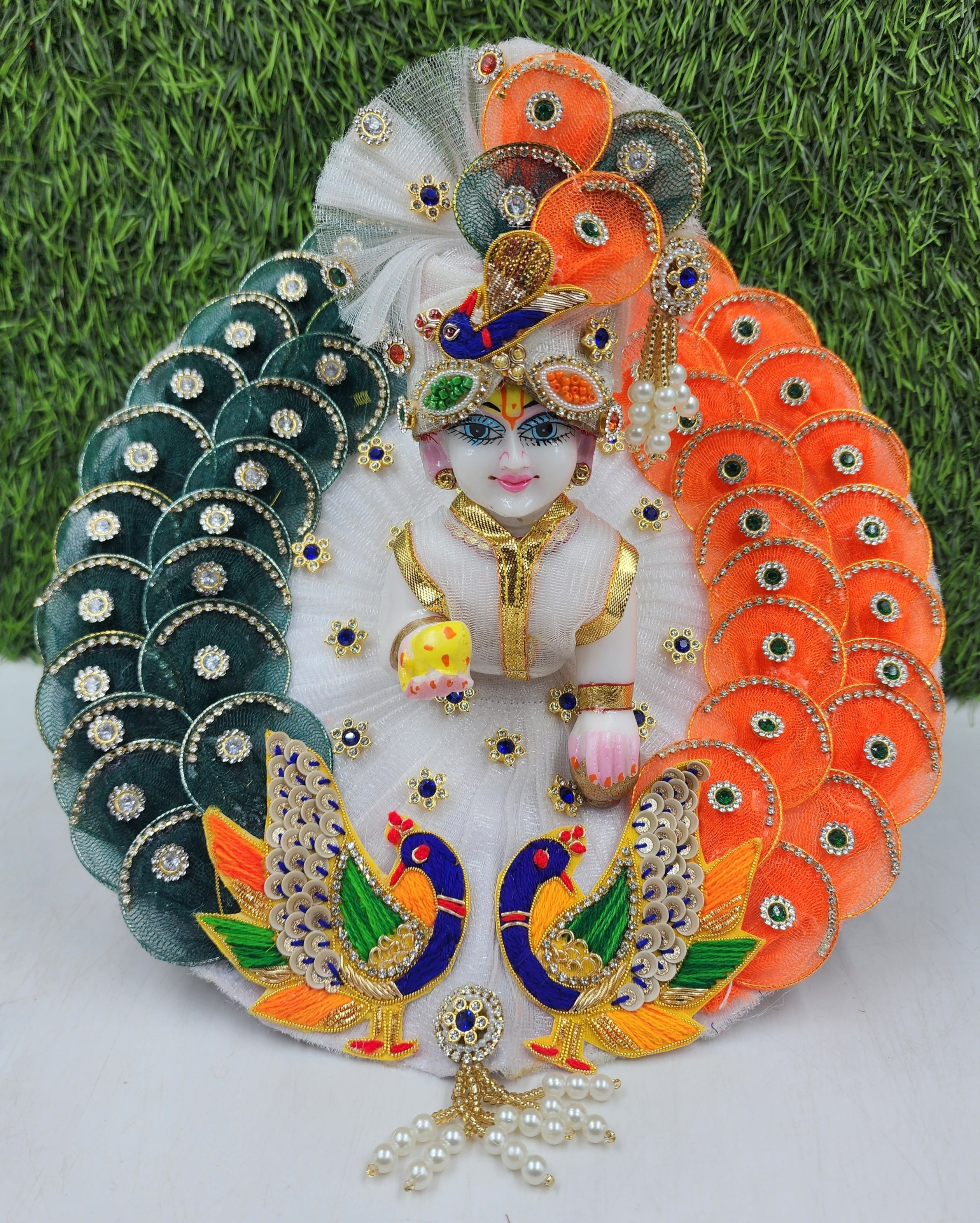 Designer Tricolour Mor Heavy Dress for Laddu Gopal Ji | Fancy Kanha Ji Poshak | Comfortable Bal Gopal Dress for Janmashtami (Size 0-6)