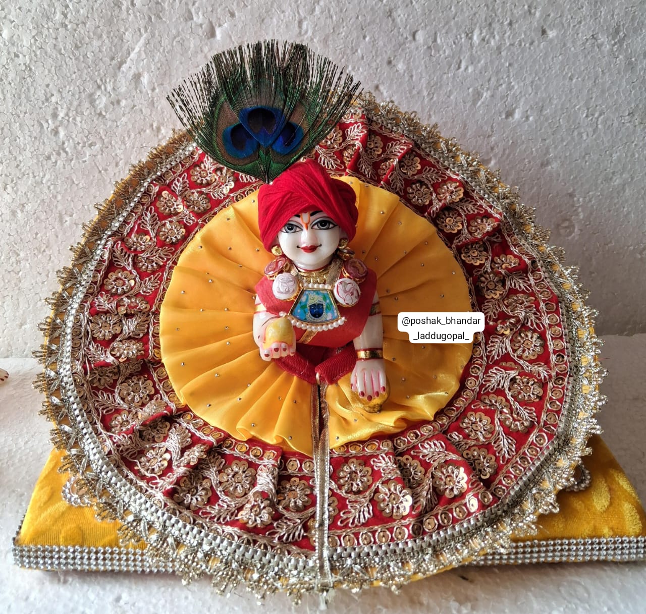 Handmade Red-Yellow Organza Laddu Gopal Dress with Safa & Kalangi | Designer Kanha Ji Poshak for Janmashtami | Fancy Bal Gopal & Krishna Ji Dress