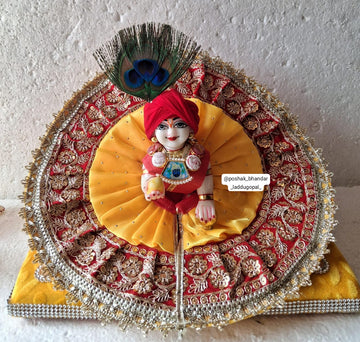 Handmade Red-Yellow Organza Laddu Gopal Dress with Safa & Kalangi | Designer Kanha Ji Poshak for Janmashtami | Fancy Bal Gopal & Krishna Ji Dress
