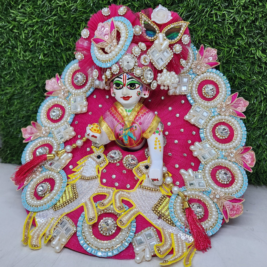 Designer Laddu Gopal Dress with Horse Pair - Fancy Kanha Ji Poshak for Janmashtami | Comfortable & Unique Bal Gopal Dress (Size 0-6)