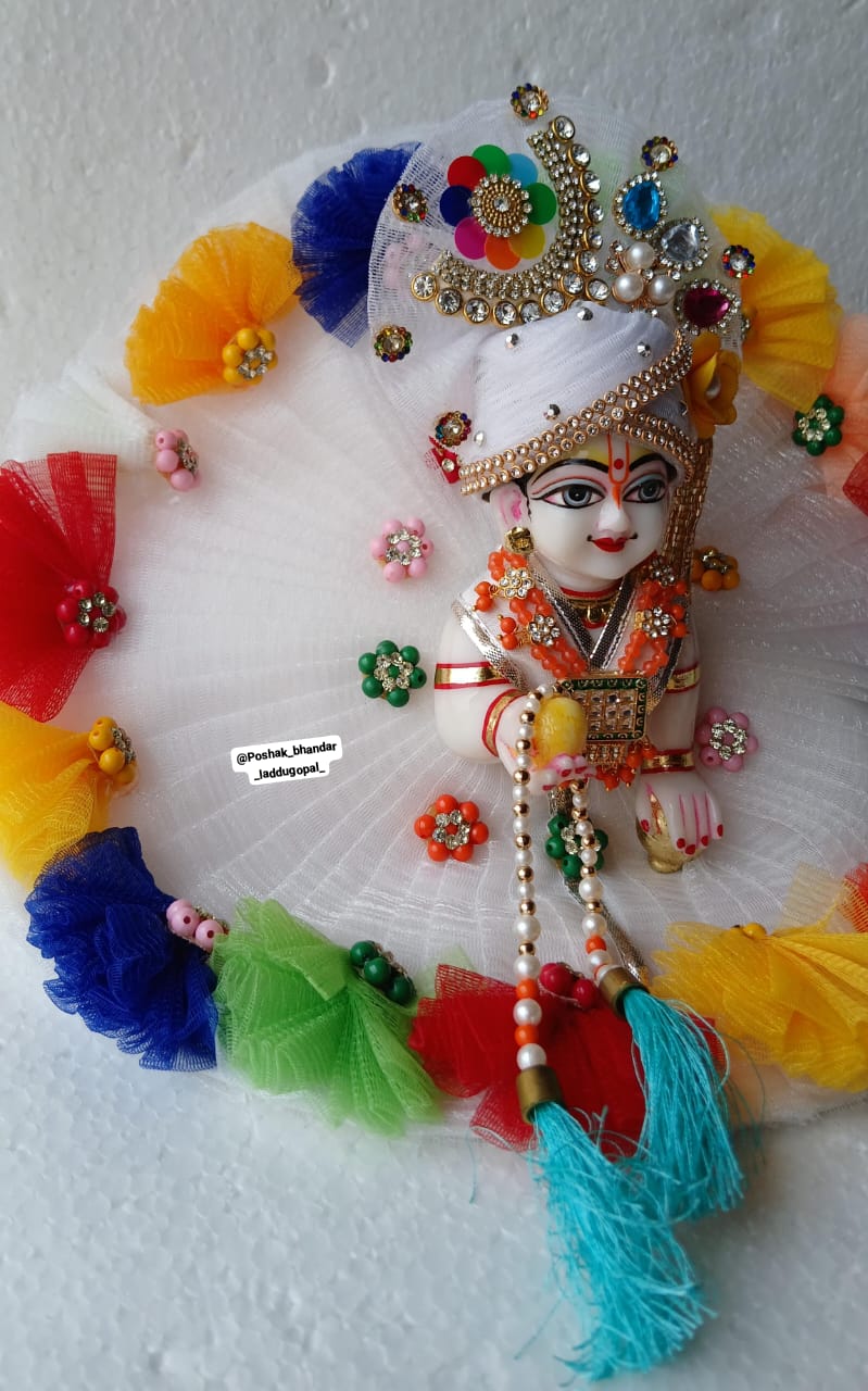 Handmade White Multicolored Laddu Gopal Dress | Designer Kanha Ji Poshak for Janmashtami | Fancy Bal Gopal & Krishna Ji Dress