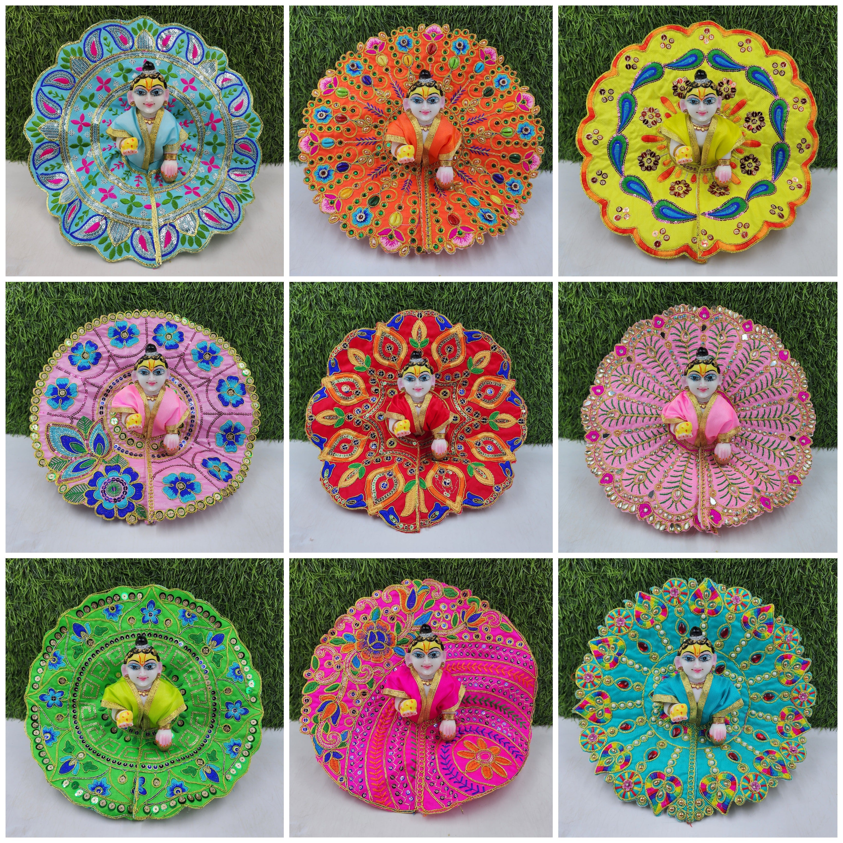 Handmade 9pc Designer Laddu Gopal Dress Set - Unique Kanha Ji Poshak in Random Colors & Prints for Janmashtami Celebrations