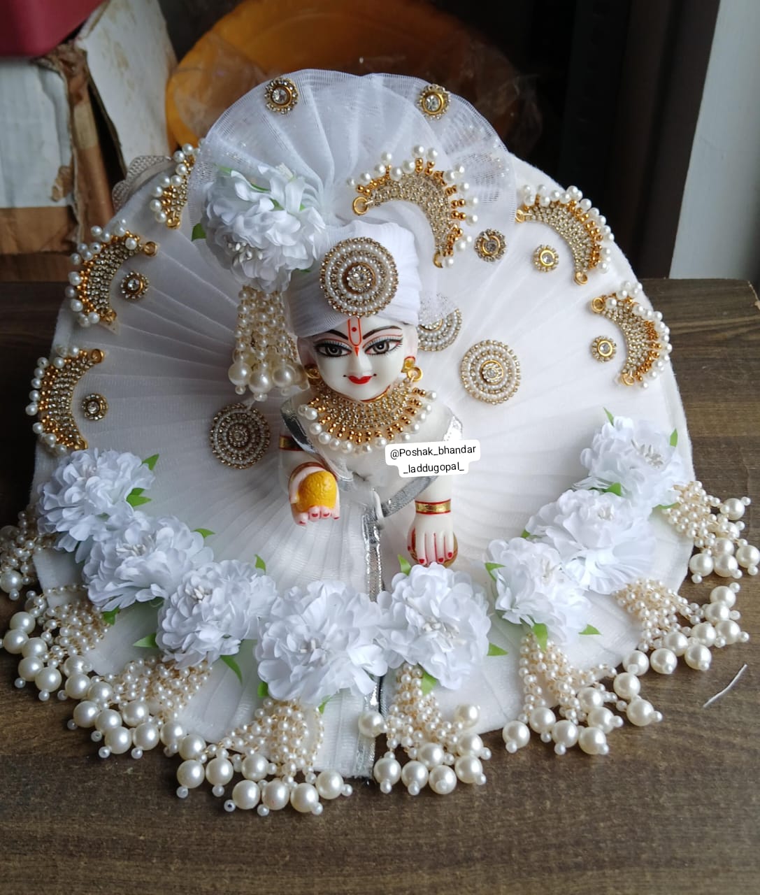 Handmade Heavy White Flower Laddu Gopal Dress - Designer Kanha Ji Poshak for Janmashtami, Fancy Bal Gopal & Krishna Ji Dress