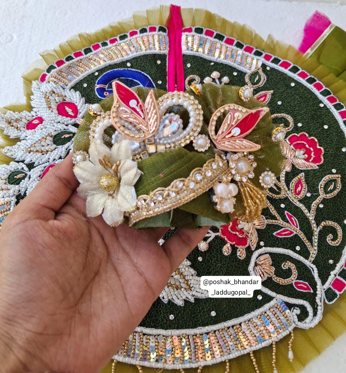 Handmade Mehndi Colour Heavy Handwork Dress with Pagdi & Patka - Designer Laddu Gopal Dress for Janmashtami, Kanha Ji Poshak, Bal Gopal Fancy Dress