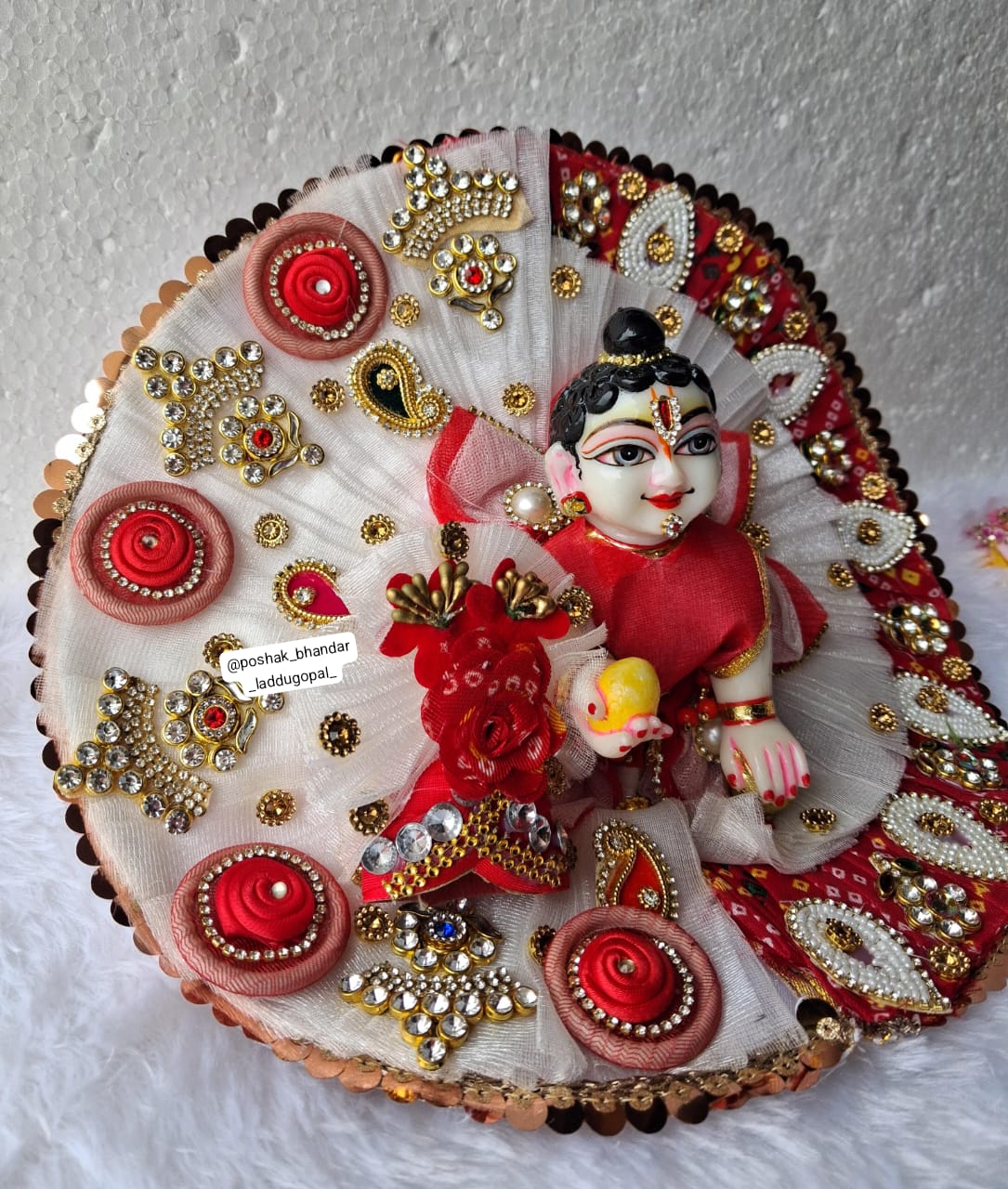 Handmade Heavy Red and White Laddu Gopal Dress | Designer Kanha Ji Poshak for Janmashtami | Fancy Bal Gopal and Krishna Ji Dress