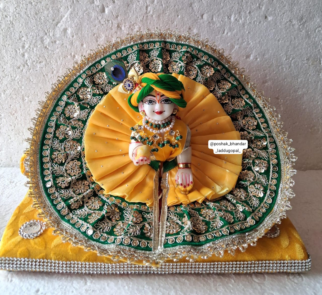 Handmade Organza Laddu Gopal Dress with 2 Safa & Q Kalangi - Designer Kanha Ji Poshak for Janmashtami, Fancy Bal Gopal & Krishna Ji Dress