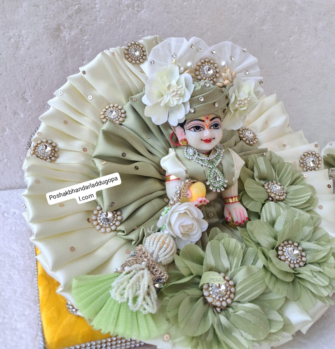 Handmade Pista Colour Heavy Dress with Pagdi & Patka - Designer Laddu Gopal Dress, Kanha Ji Poshak for Janmashtami, Bal Gopal & Krishna Ji Dress