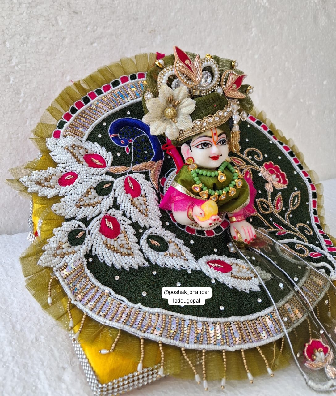 Handmade Mehndi Colour Heavy Handwork Dress with Pagdi & Patka - Designer Laddu Gopal Dress for Janmashtami, Kanha Ji Poshak, Bal Gopal Fancy Dress