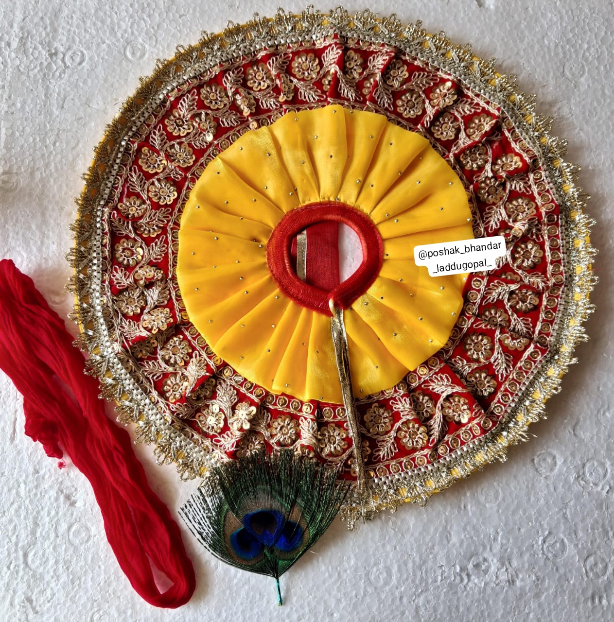 Handmade Red-Yellow Organza Laddu Gopal Dress with Safa & Kalangi | Designer Kanha Ji Poshak for Janmashtami | Fancy Bal Gopal & Krishna Ji Dress
