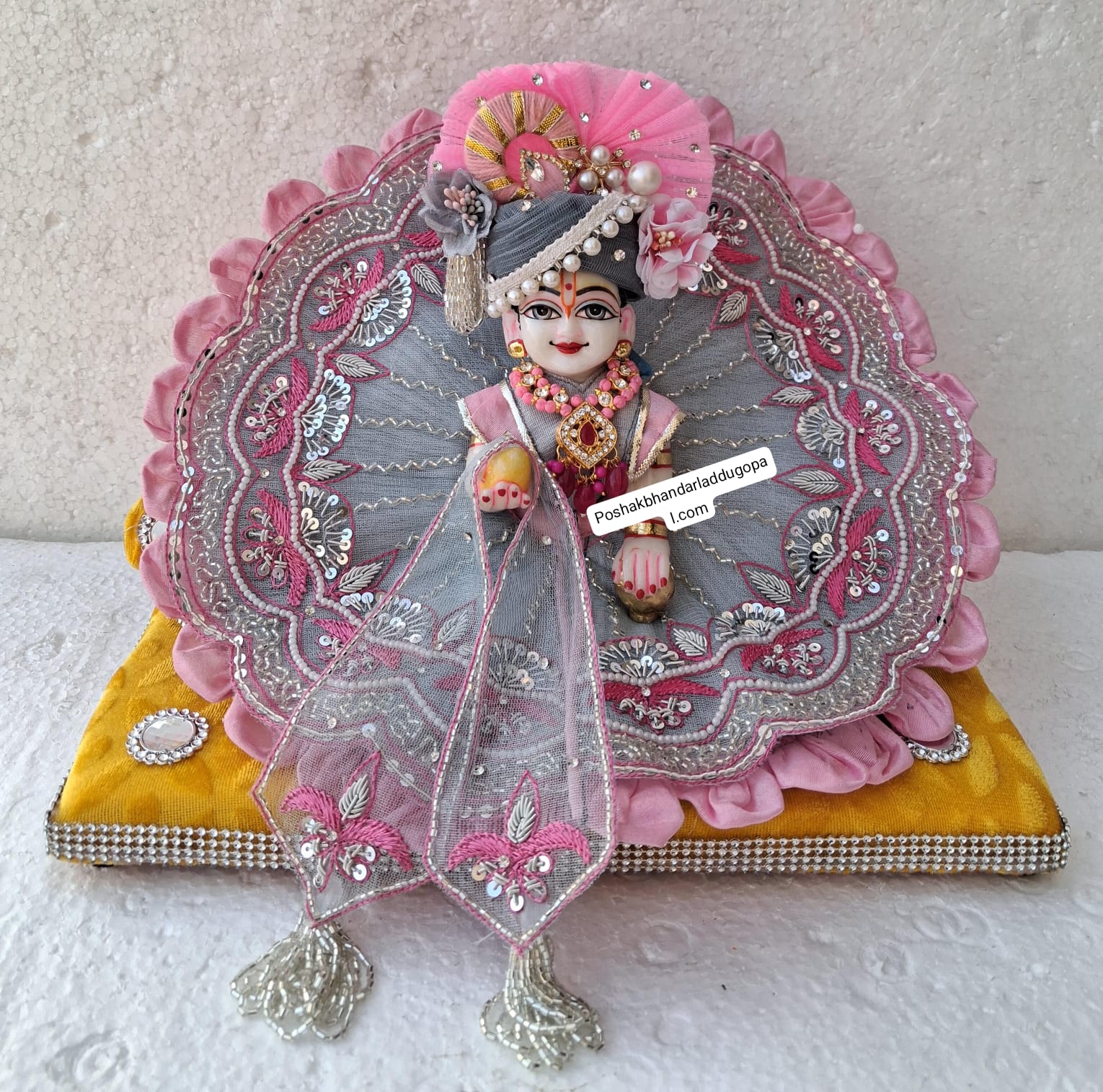 Handmade Grey Designer Laddu Gopal Dress with Pagdi & Patka - Fancy Kanha Ji Poshak for Janmashtami Celebrations (Size 6/7)