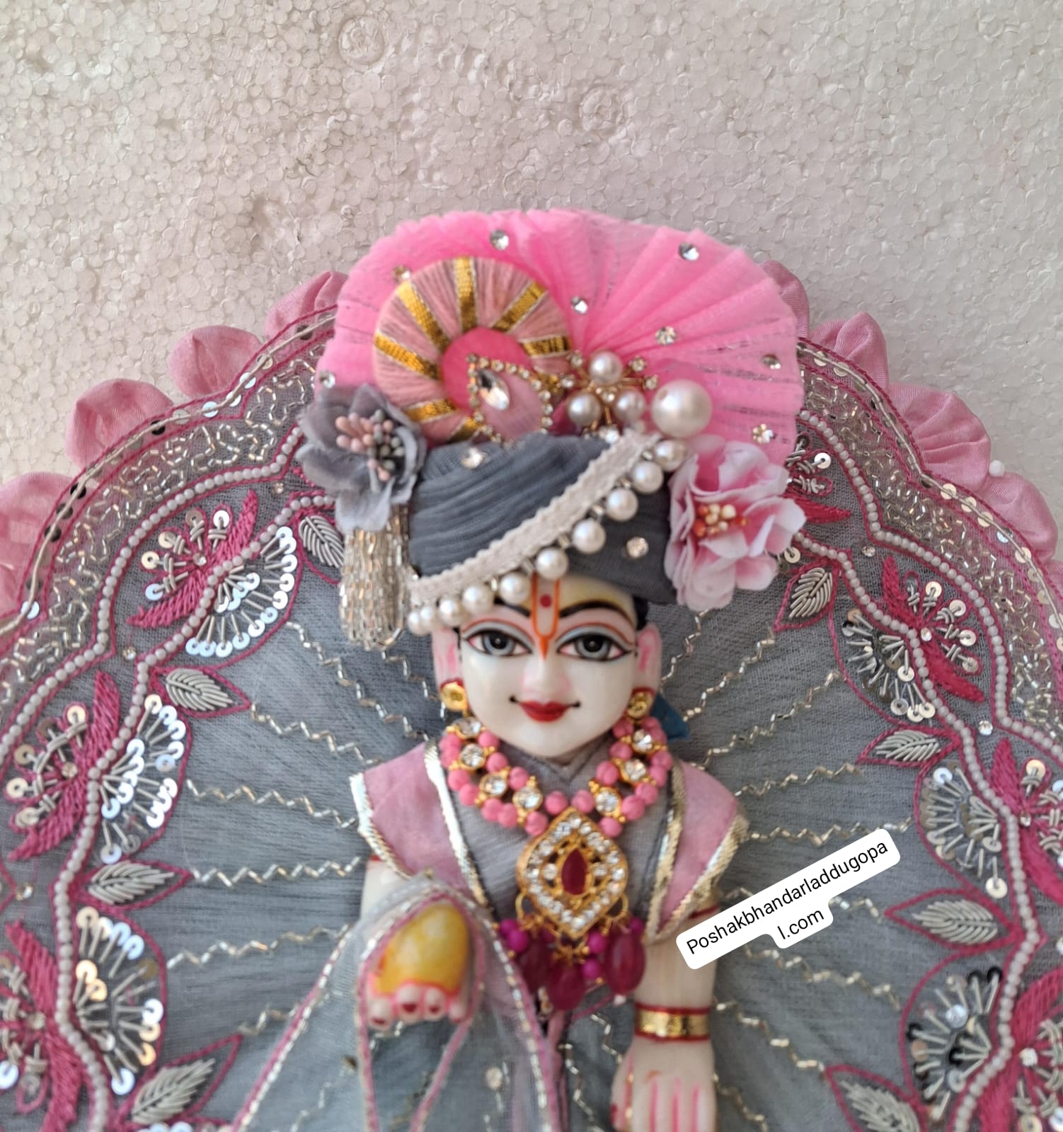 Handmade Grey Designer Laddu Gopal Dress with Pagdi & Patka - Fancy Kanha Ji Poshak for Janmashtami Celebrations (Size 6/7)
