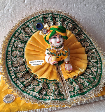 Handmade Organza Laddu Gopal Dress with 2 Safa & Q Kalangi - Designer Kanha Ji Poshak for Janmashtami, Fancy Bal Gopal & Krishna Ji Dress