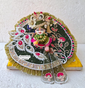 Handmade Mehndi Colour Heavy Handwork Dress with Pagdi & Patka - Designer Laddu Gopal Dress for Janmashtami, Kanha Ji Poshak, Bal Gopal Fancy Dress