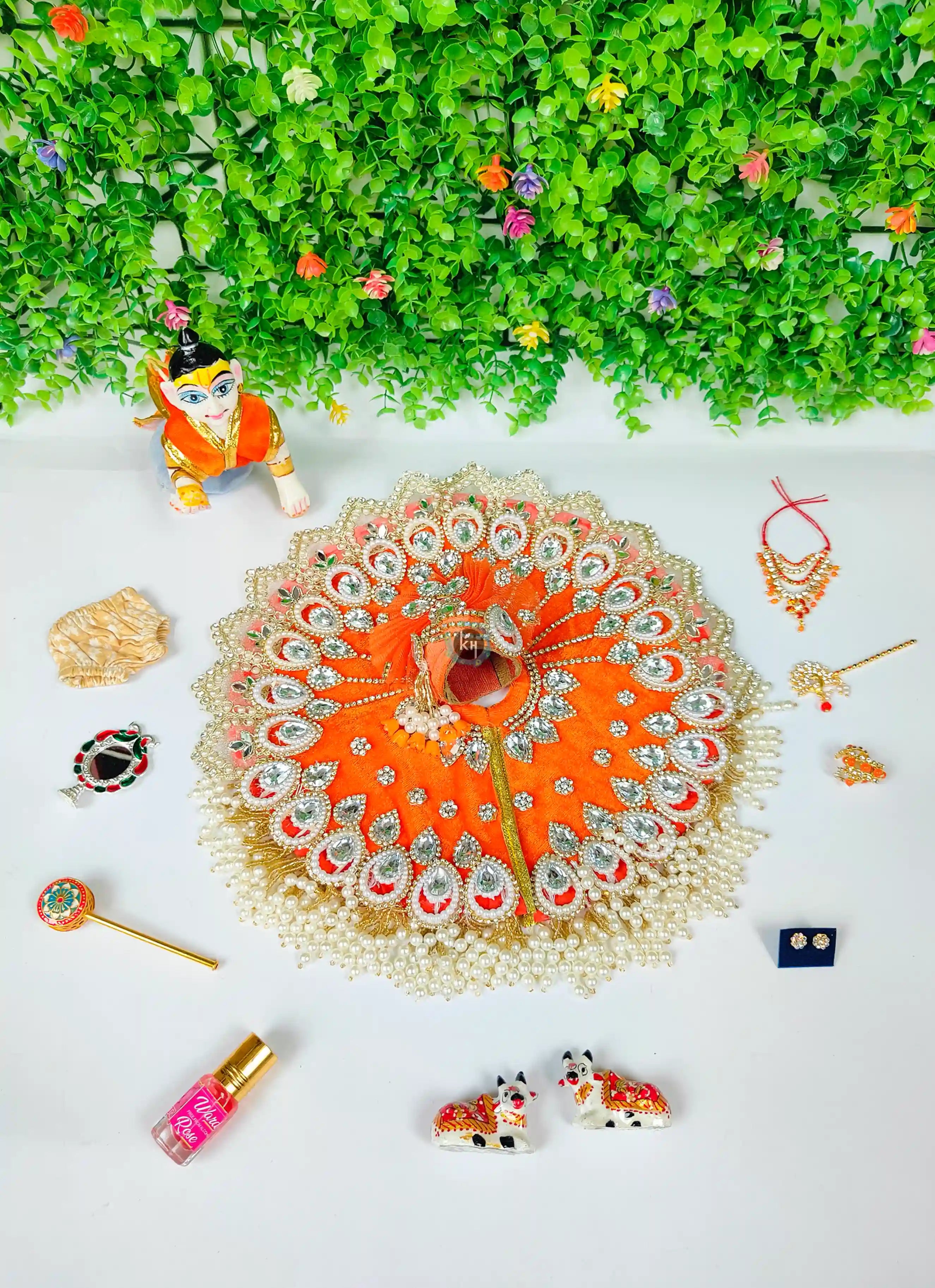 Janmashtami Special: Designer Orange Heavy Maharaja Dress & Accessories for Laddu Gopal | Fancy Kanha Ji Poshak & Bal Gopal Dress