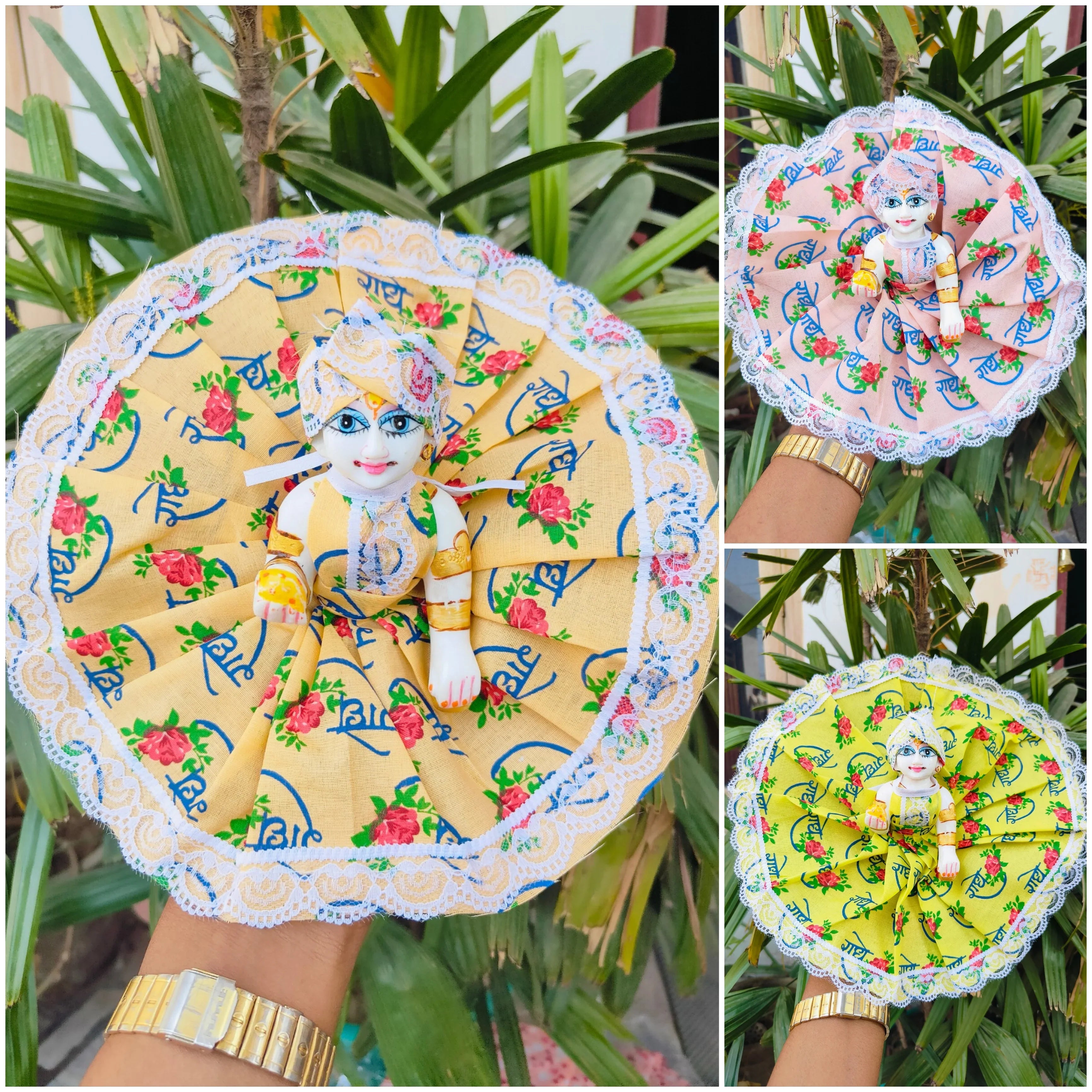Handmade Summer Radhe Print Cotton Lace Dress for Laddu Gopal Ji - Pack of 3 | Designer Kanha Ji Poshak for Janmashtami Celebrations